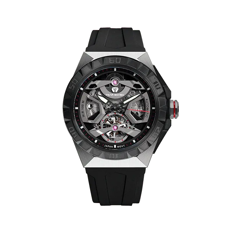 TSAR BOMBA Elemental Series Silver Black Men's Automatic Mechanical Watch 閳ワ拷Stainless Steel Bezel & Case, Skeleton Dia...