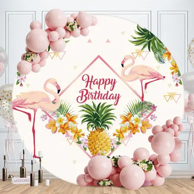 Aperturee Pink Flamingo And Floral Round Happy Birthday Backdrop | Circular Birthday Backdrop Cover | Circle Party Backdrop |...