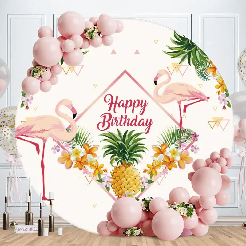 Aperturee Pink Flamingo And Floral Round Happy Birthday Backdrop | Circular Birthday Backdrop Cover | Circle Party Backdrop |...