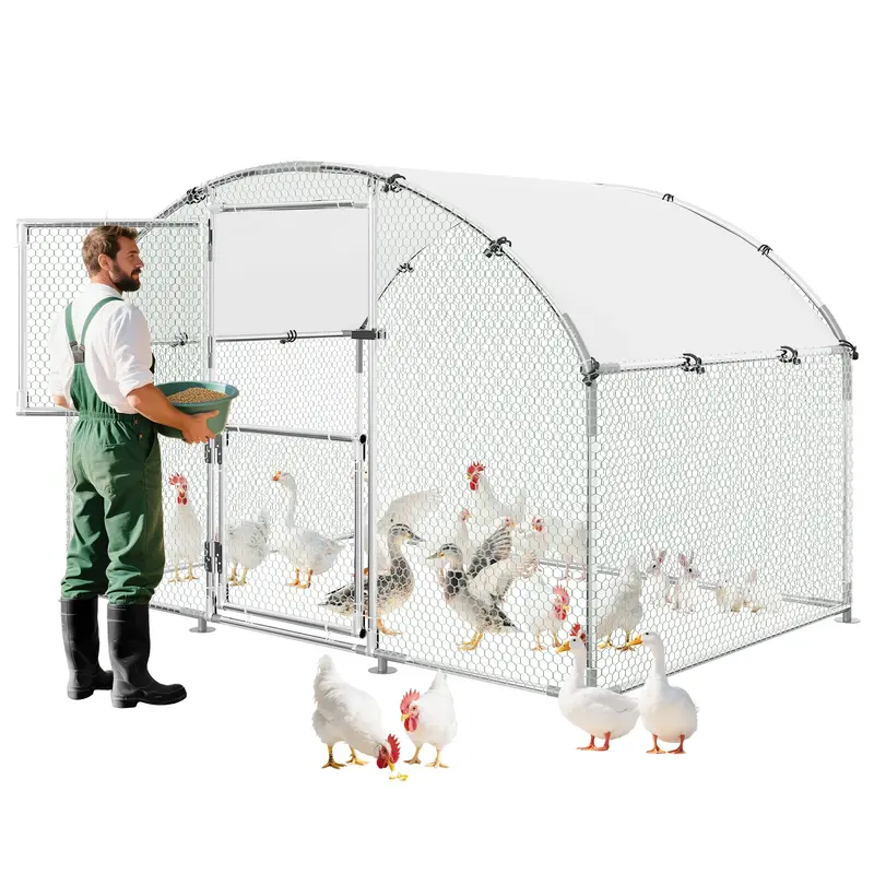 Garvee Upgrade Large Metal Chicken Coop with Feeder Door & Escape-Proof Design, Outdoor Domeroof Walk-in Poultry Cage with Wa...
