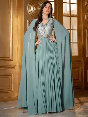 Women's Embroidery V Neck Cape Sleeve Dress, Elegant Modest Dress for Party Wedding Guest, Ladies Spring & Fall Clothes