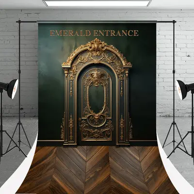 Emerald Entrance Elegant Gold Door Sweep Backdrop - Aperturee