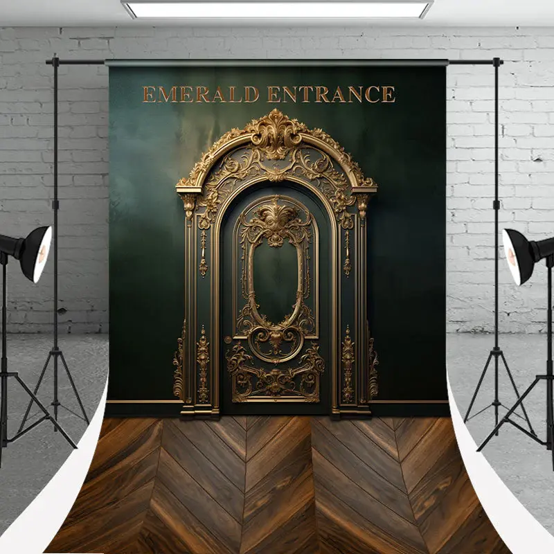 Emerald Entrance Elegant Gold Door Sweep Backdrop - Aperturee