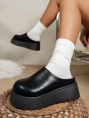 Women's Fashionable Solid Color Slip on Slippers, Casual Comfortable Platform Shoes for Fall & Winter, Female All-match Round...