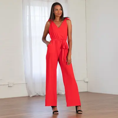 Textured Solid Tie Shoulder Jumpsuit - S
