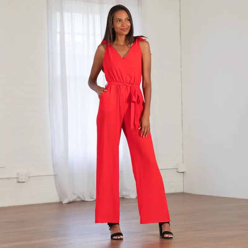 Textured Solid Tie Shoulder Jumpsuit - S