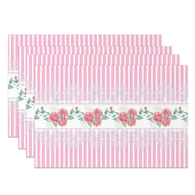 Pink Floral Leaves Repeat Stripe Set Of 4 Placemats - Aperturee