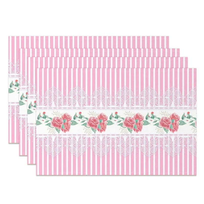 Pink Floral Leaves Repeat Stripe Set Of 4 Placemats - Aperturee