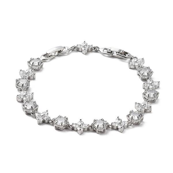 Noble Gift Ideas for Lady Platinum Plated Brass Micro Pave Cubic Zirconia CZ Flower Link Chain Bracelets