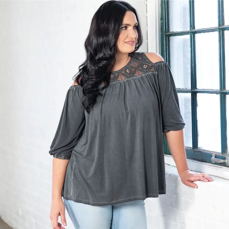 Cold Shoulder Juliet Sleeve Top - Gray - S/M
