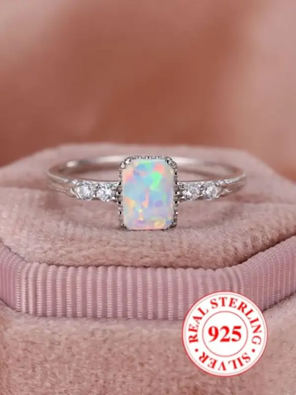 S925 Sterling Silver Fashion Rectangle Shaped Artificial Opal Ring, with Box, Simple Ring for Women, Trendy All-match & Exqui...
