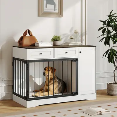 Garvee Farmhouse Dog Crate Furniture, 47 Modern Indoor Kennel with Double Doors, TV Stand & Buffet Cabinet, Dog Cage End Tab...