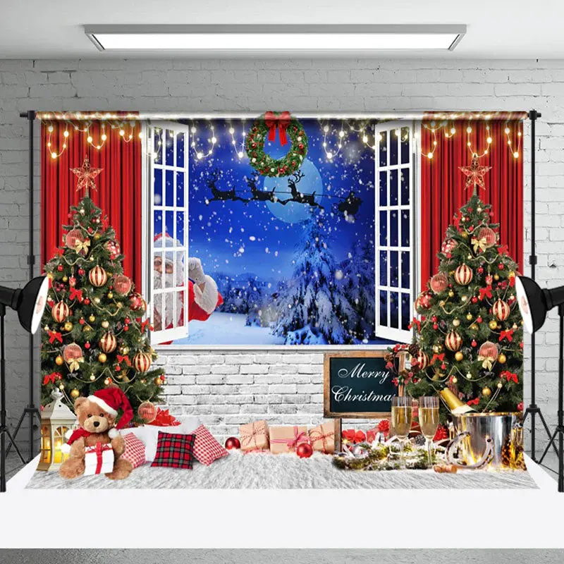 Aperturee Brick Wall Curtain Window Santa Night Xmas Backdrop