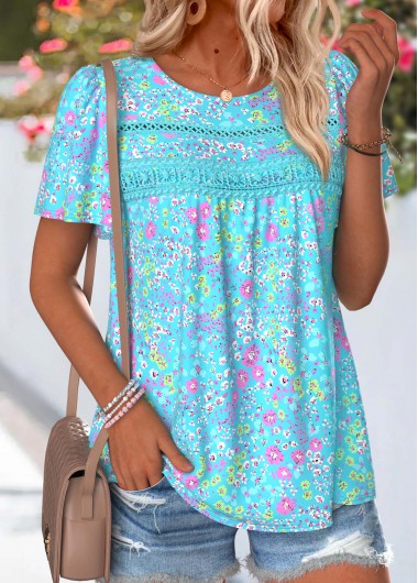 Modlily Cyan Ditsy Floral Print Curved Hem T Shirt - XL
