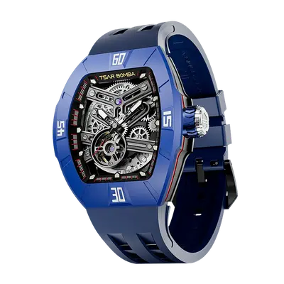 TSAR BOMBA Men's Automatic Skeleton Watch | Interchangeable Luxury Design | Dynamic Blue | Atomic TB8218 | Fluororubber