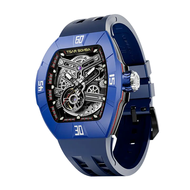 TSAR BOMBA Men's Automatic Skeleton Watch | Interchangeable Luxury Design | Dynamic Blue | Atomic TB8218 | Fluororubber