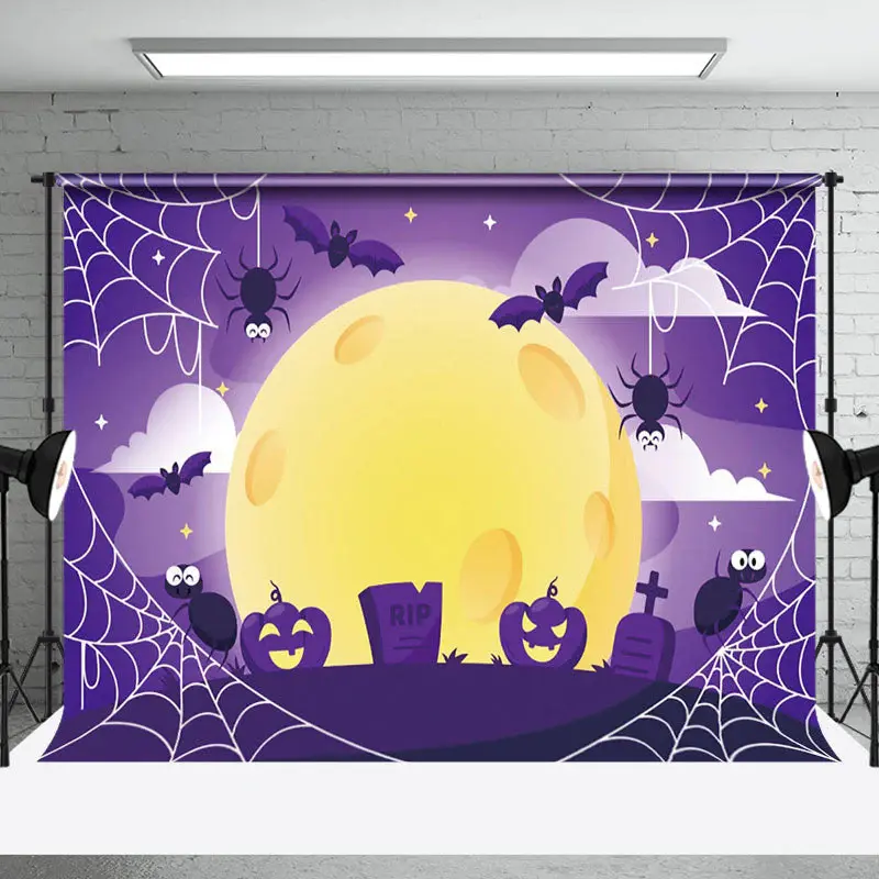 Cute Purple Vibe Spider Bat Tomb Happy Halloween Backdrop
