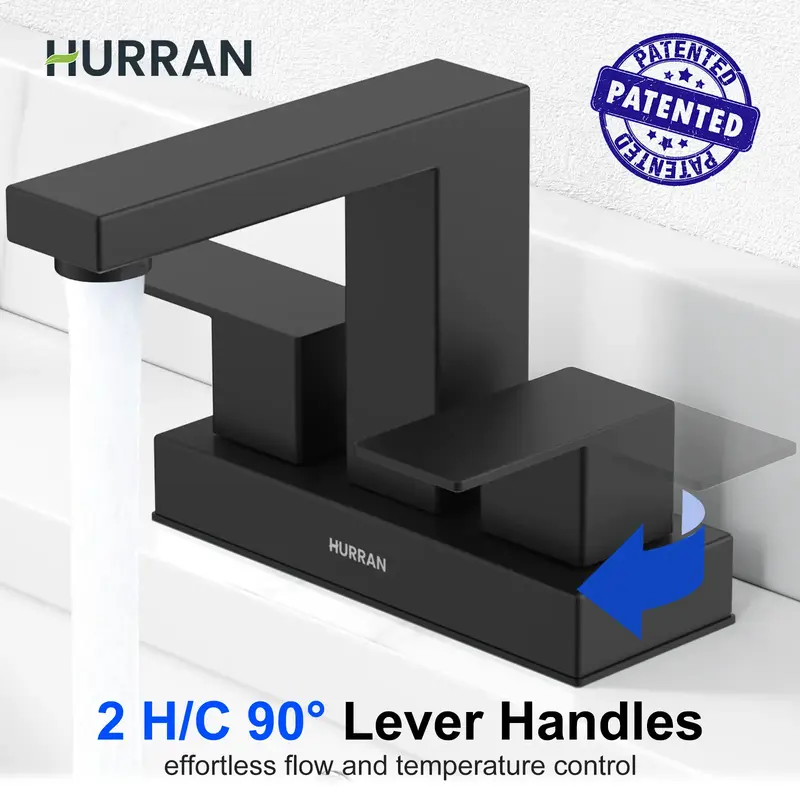 Hurran 4-Inch 3-Hole Bathroom Sink Faucet with Pop-up Drain, Modern Matte Black Finish, Durable Stainless Steel, 2 Handle Des...