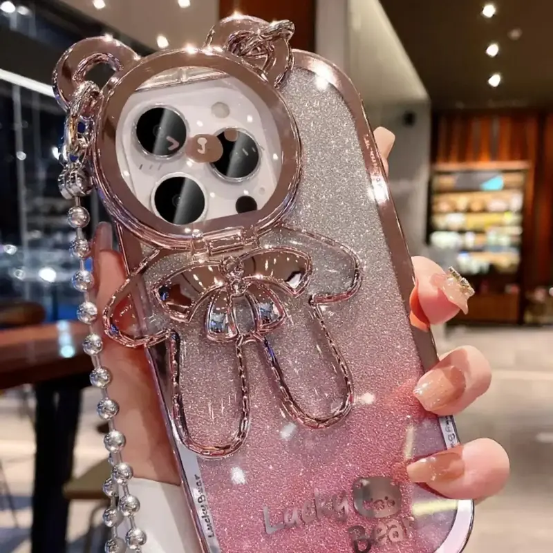 Cute Bear Phone Case With Lanyard for Summer, Glitter Bear Design Phone Case With Camera Lens Protector, Decorative Phone Pr...