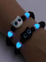 Cute Cat Charm Decor Glow in The Dark Design Beaded Bracelets, Trendy All-match & Exquisite Jewelry for Women & Men As Gift f...