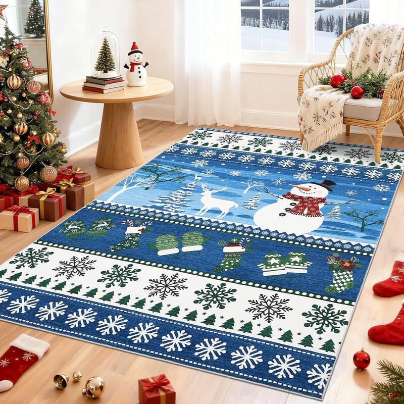Garvee Area Rugs for Living Room Bedroom 4x6 Low Pile Merry Christmas Snowman Throw Rug, Non Slip Non Shedding Snowflake Soft...