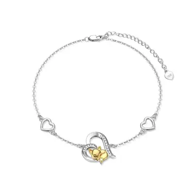 Sterling Silver Two-tone Round Cubic Zirconia Fox & Heart Charm Bracelet