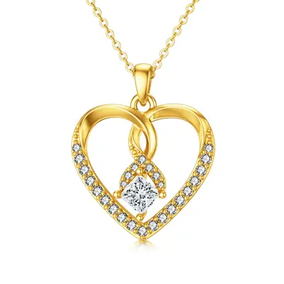14K Gold Heart Shaped Cubic Zirconia Pendant Necklace
