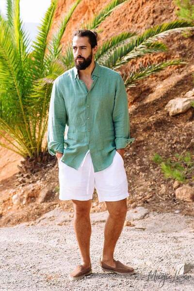 Men's linen shirt Nevada - Matcha green | Size: L