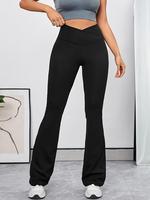 Women's Solid Flare Leg Sports Leggings, Casual Comfy High Stretch Bell Bottom Trousers for Yoga Gym Workout, Activewear, La...