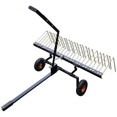 Garvee 60 Tow Behind Dethatcher with 24 Steel Tines, Pneumatic Tires, Alloy Steel, Lift Handle, Pin Hitch for Lawn Tractor, ...