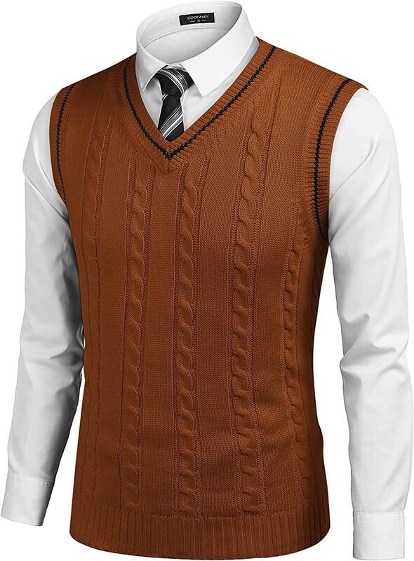 V Neck Sleeveless Knitted Pullover Vest Sweater (US Only), Brown / M