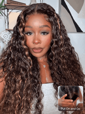 Nadula Water Wave 7x5 Golden Brown Highlight Wig Bye Bye Knots With Elastic Drawstring For Sale