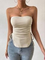 Women's Solid Ruched Adjustable Drawstring Side Backless Curvy Tube Top, Casual Sleeveless Strapless Top for Summer, Ladies 9...