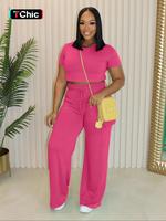 Women's Plain Pocket Pants Two-piece Set, Casual Style Round Neck Crop Tee & Drawstring Waist Wide Leg Pants Matching Set, So...