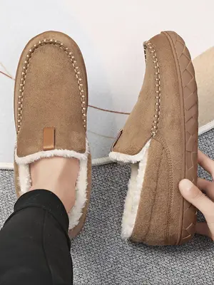 Men's Casual Contrast Faux Fur Design Plush Slippers, Casual Comfortable Home Slippers, Warm Loafer Shoes for Indoor & Outdoo...