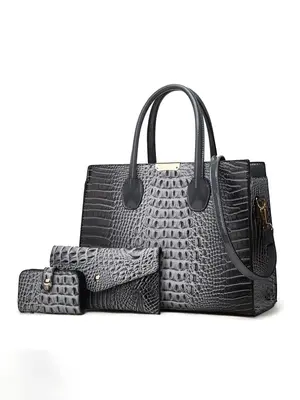 Women's Crocodile Pattern Lux Tote Bag Purse Set, Designer Bags, Large Capacity Shoulder Crossbody Bags, with Long Wallet & S...