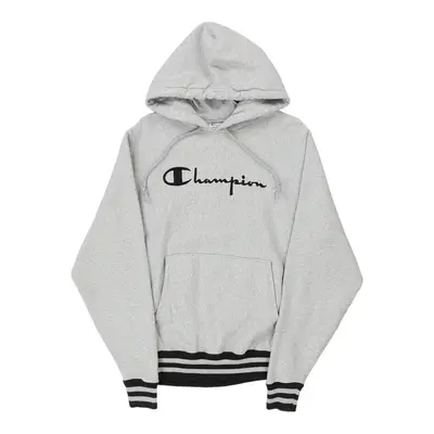Reverse Weave Champion Spellout Hoodie - Small Grey Cotton Blend
