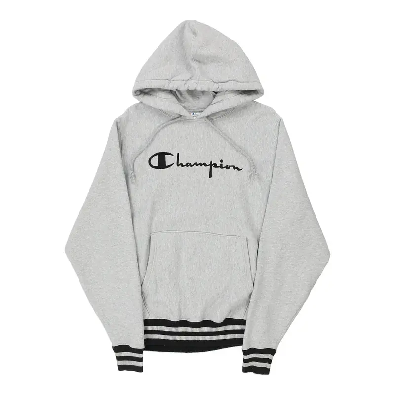 Reverse Weave Champion Spellout Hoodie - Small Grey Cotton Blend