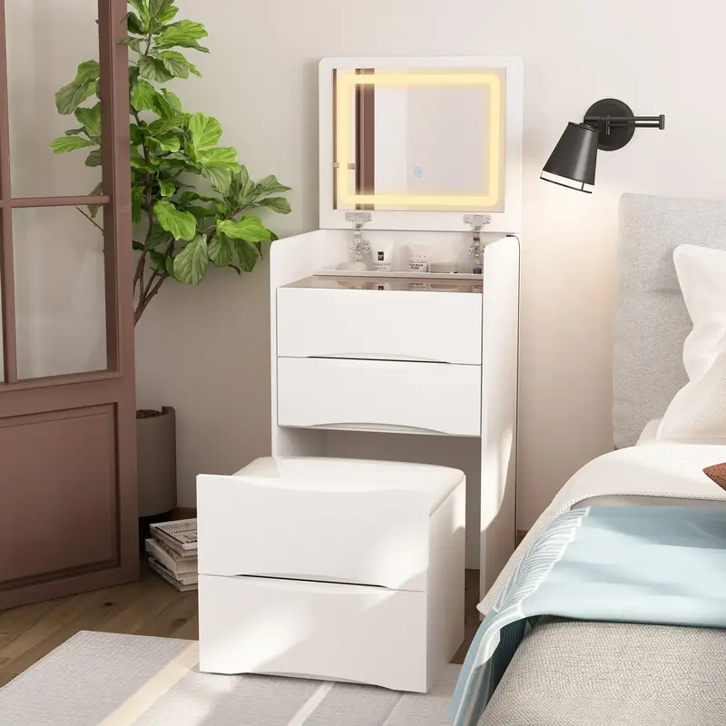 FUFU&GAGA 4 Types Makeup Vanity Desk with 3-Lights Mirror and Drawers for Makeup Equipped with Stool