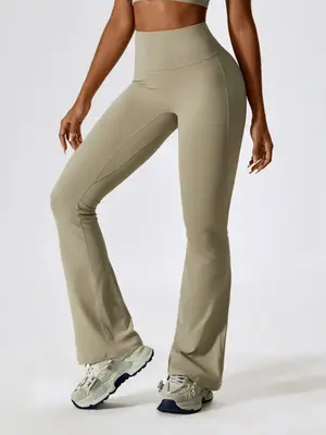 Women's Solid High Waist Flare Leg Sports Tummy Control Leggings, Casual Comfy Breathable Wide Waistband Skinny Pants for Wo...