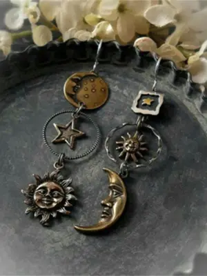 Vintage Asymmetrical Sun & Moon Design Dangle Earrings, Boho Style Jewelry for Women,  2024 New Styleall-match Ear Jewelry fo...
