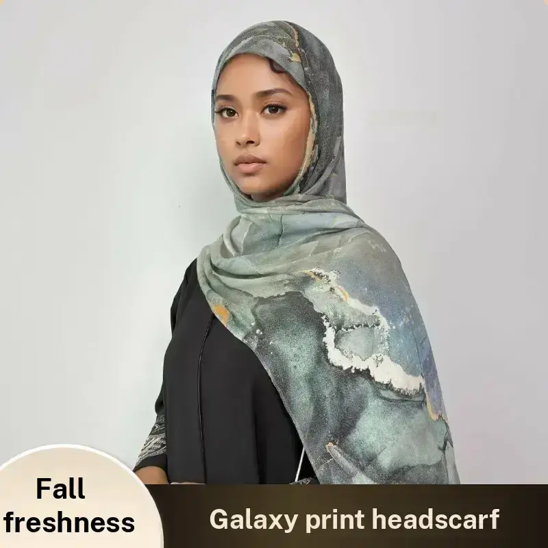 【FallFreshness】CL77 Elegant Printed Abaya with Marble Hijab Modest Muslim Women's Long Sleeve Open Abaya Dress for Eid Ra...