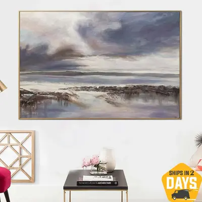 Large Abstract Landscape Painting on Canvas Grey Wall Art Neutral Artwork Original Oil Painting for Staircase Wall Decor | HA...