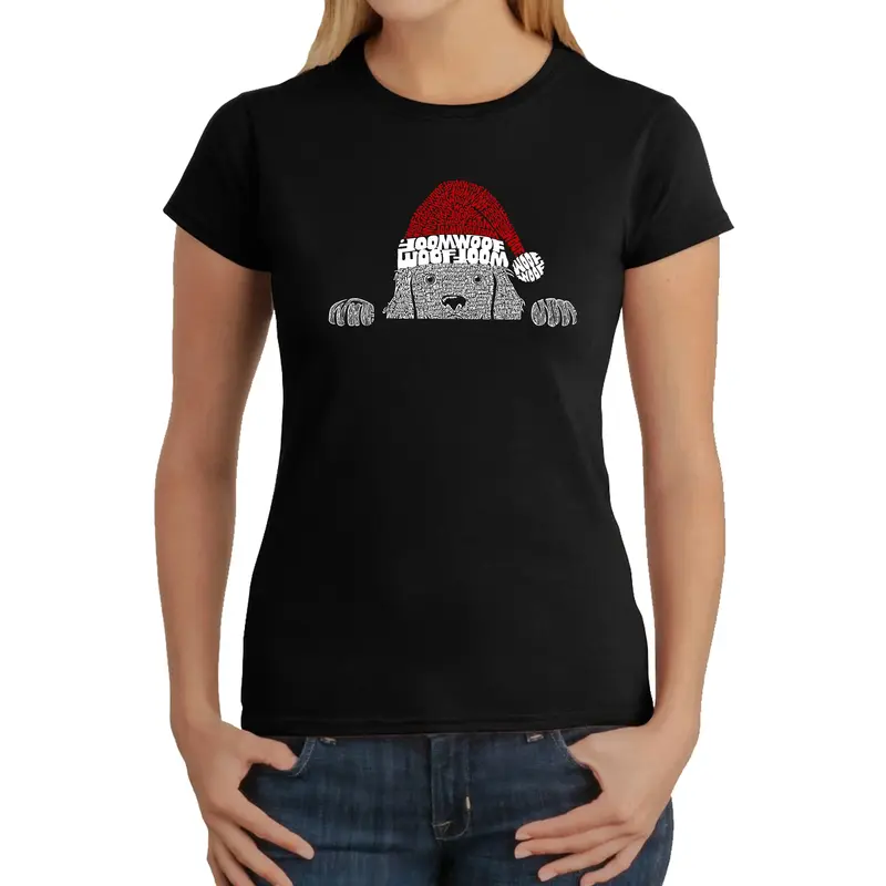 Christmas Peeking Dog - Women's Word Art T-Shirt - Kelly - Small