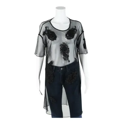 PINKO Mesh Paisley Bead Top Black Short Sleeve Womens M