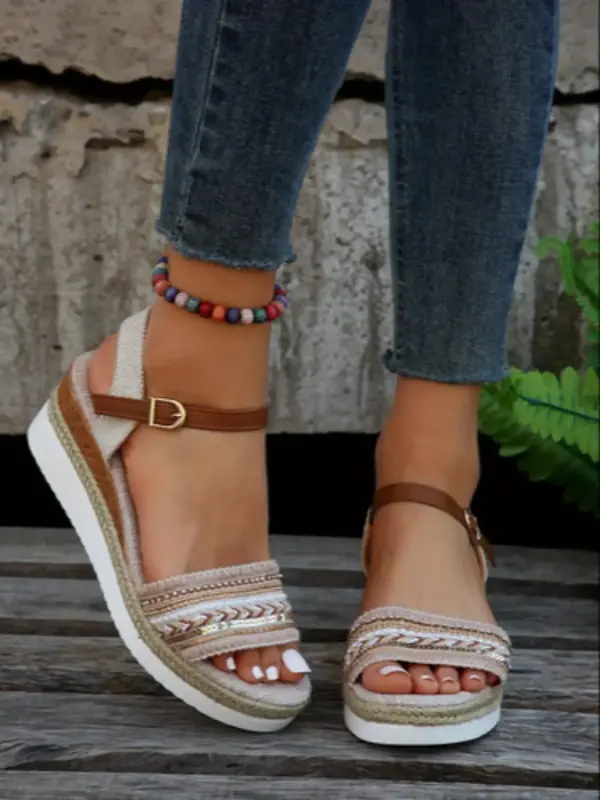 Women's Colorblock Wedge Sandals, 1 Pair Casual Boho Style Slingback Sandals for Summer, Fashionable Shoes for Outdoor Beach ...