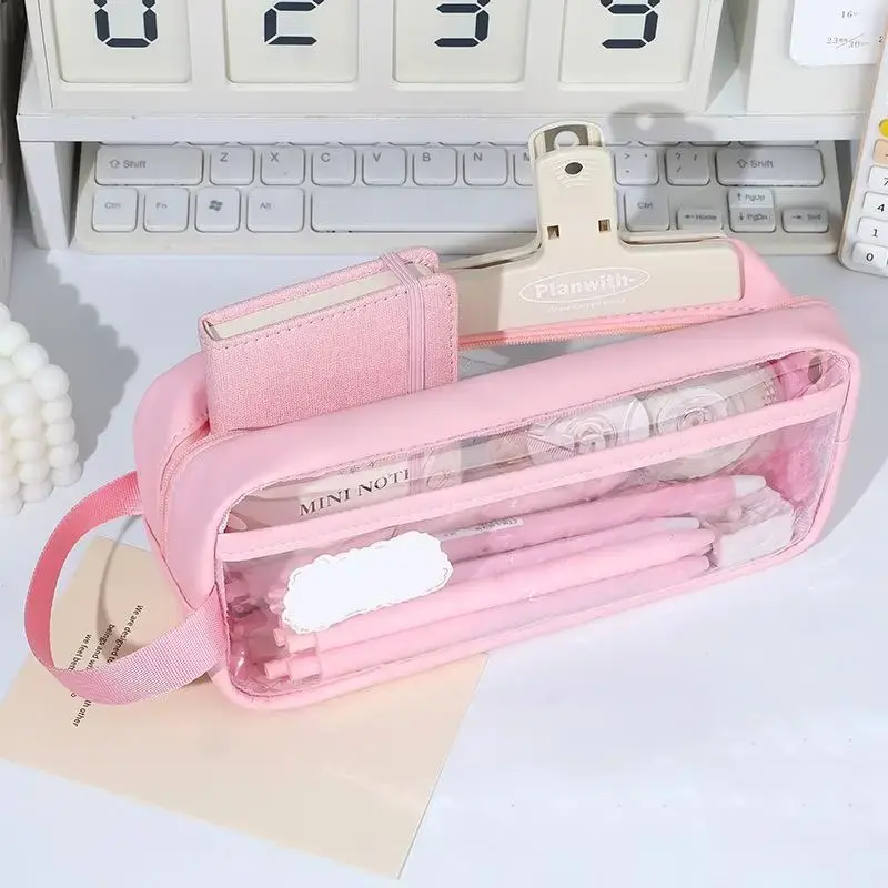 Large Capacity Pencil Case, 1 Count Clear Portable Stationery Storage Bag With Handle For Student Office