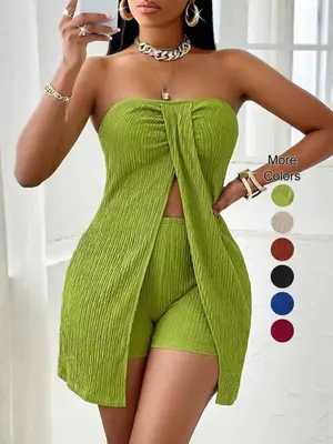 Women's Textured Fabric Twist Front Split Top and Shorts Set, Spaghetti Strap Two-Piece, Slim-Fit Casual Wear