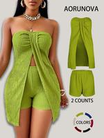 Women's Plain Ruched Split Hem Plicated Tube Top & Elastic Waist Shorts Two-piece Set, Casual Fashion Cozy Slim Fitted Two Pi...