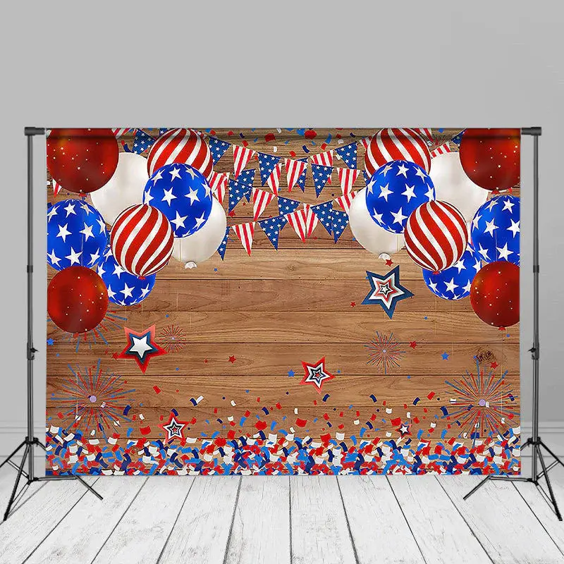 Brown Wood USA Balloon Ribbon Independence Day Backdrop - Aperturee